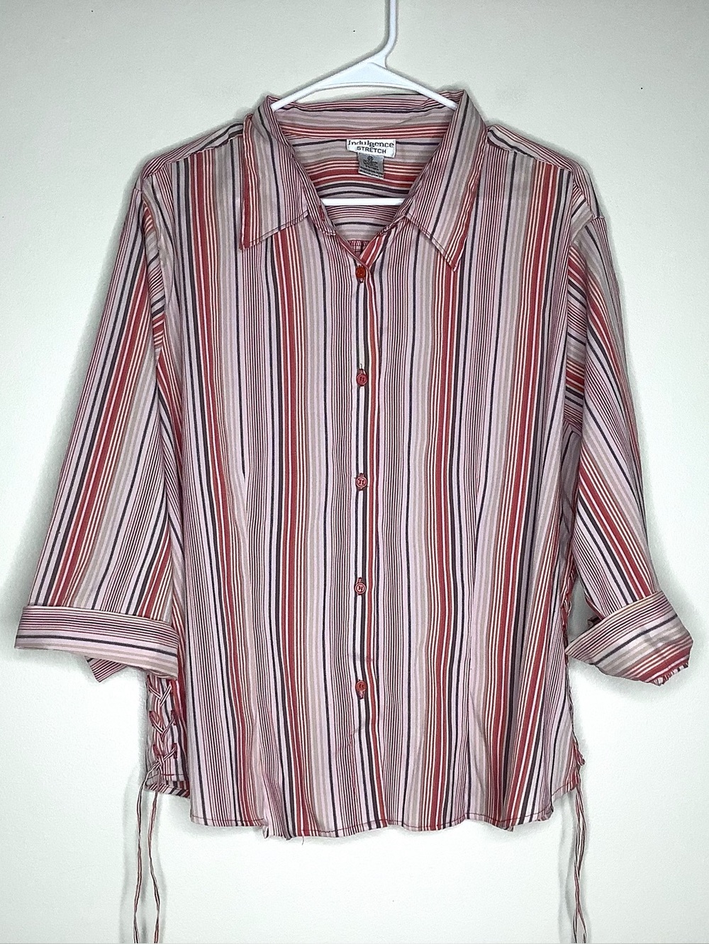 < Vintage Indulgence Striped Button Up Shirt With Lace Up Detail >